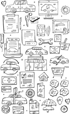 Hand draw vector Doodle icons set.Selling cars on internet and in car stores . clipart