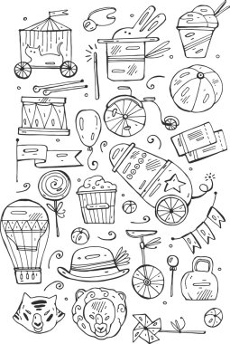 Hand drawn sketch circus and amusement vector illustrations. Vintage icons.Doodle design elements for banner, flyer, business, card, poster. vector Hand drawn sketch circus and amusement vector illustrations. Vintage icons.Doodle design elements for banner, flyer, business, card, poster. vector
