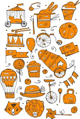 Hand drawn sketch orange circus and amusement vector illustrations. Vintage icons.Doodle design elements for banner, flyer, business, card, poster. vector Hand drawn sketch orange circus and amusement vector illustrations. Vintage icons.Doodle design elements for banner, flyer, business, card, poster. vector
