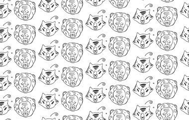 Hayvanlar yırtıcı vahşi kedi hayvanlar kaplan ve aslan dikişsiz desen çizimler kafaları. El boyaması. Siyah beyaz hayvan deseni. Afiş, el ilanı, iş, kart, pos için Vintage doodle tasarım öğeleri