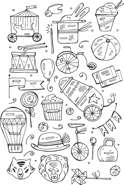 Hand drawn sketch circus and amusement vector illustrations. Vintage icons.Doodle design elements for banner, flyer, business, card, poster. — Stock vektor