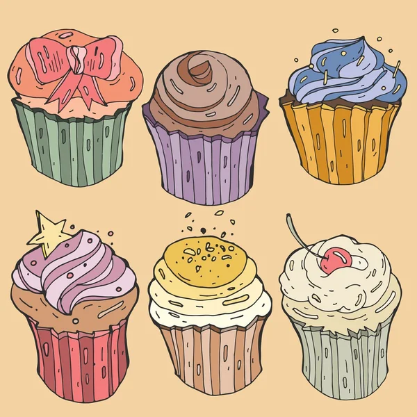 Ilustración de cupcakes en blanco y negro vectorial con crema, cereza y espolvoreos de azúcar.Elementos de diseño establecidos en estilo de dibujo a mano . — Vector de stock