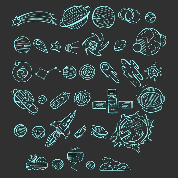 Seamless  blue icons set  with doodle space elements on dark background  . Vector illustration with hand drawn doodle space elements for wallpaper, wrapping, textile prints.Hand drawn solar system wit — Stock vektor