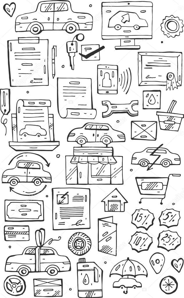 Hand draw vector Doodle icons set.Selling cars on internet and in car stores .