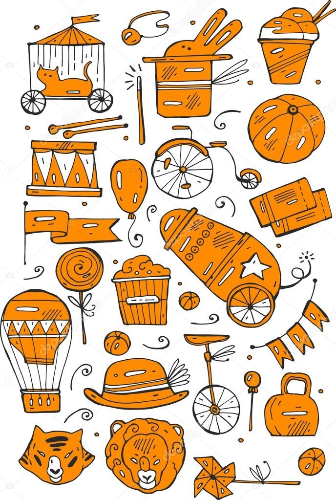 Hand drawn sketch orange  circus and amusement vector illustrations. Vintage icons.