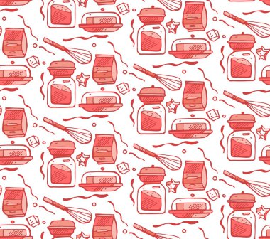 Fırın ekipman el boyalı aracı desen. Pişirme ekipmanları ile mükemmel bir arka plan menüsü, ekmek Pazar için arka plan olarak kullanılabilir.