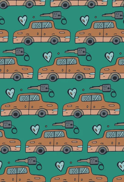 Hand draw vector seamless car service and car sale pattern n.Brown and green color.Toys seamless pattern. Ручной мультяшный автомобиль . — стоковый вектор