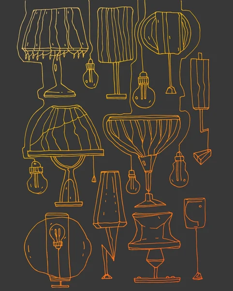 Hand tekenen vector lijn lamp icon set. Warme gradiënt kleuren op een donkere achtergrond. — Stockvector