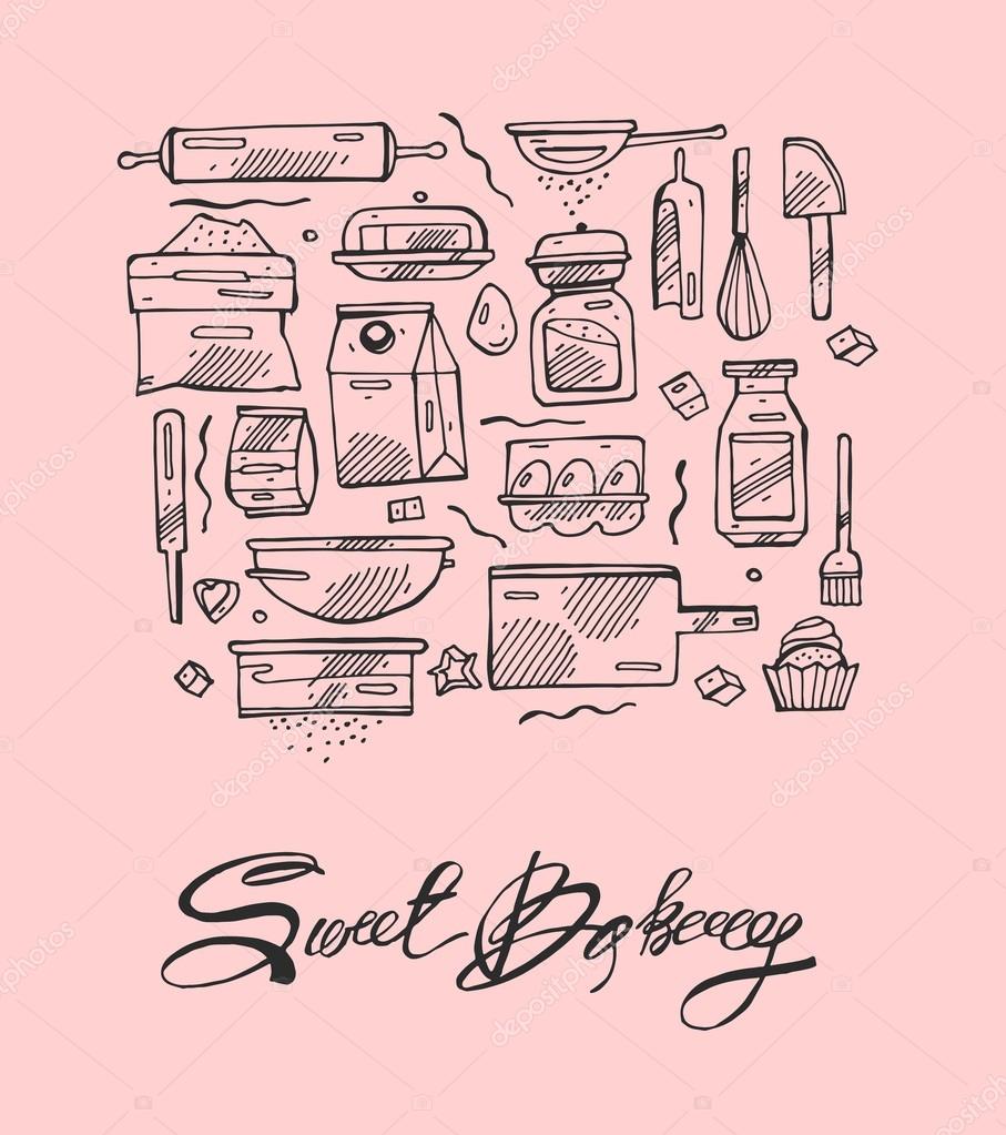 Restaurant Kitchen Hand thin line sweet bakery kitchen hand draw vector icons set. icons Restaurant Kitchen Hand thin line sweet bakery kitchen hand draw vector icons set. icons