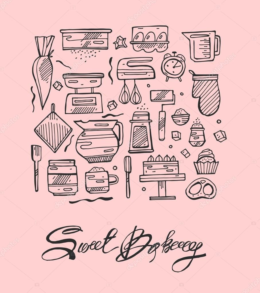 Restaurant Kitchen Hand thin line sweet bakery kitchen hand draw vector icons set. icons Restaurant Kitchen Hand thin line sweet bakery kitchen hand draw vector icons set. icons