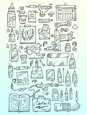 El çizmek vektör dövme simgesi seti, dövme salonu için siyah ve beyaz 