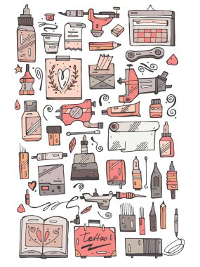 Hand draw vector tattoo icon set,  white and pastel line style on black background for tattoo salon and tattoo shop.