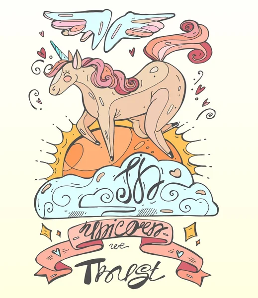 Lindo unicornio mágico vector illustration.Hand dibujar color alado unicornio en una nube con la puesta del sol . — Archivo Imágenes Vectoriales