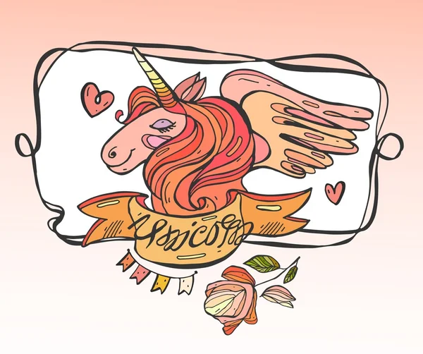 Lindo pastel mágico encantador corazón cinta y unicornio banner plantilla — Archivo Imágenes Vectoriales