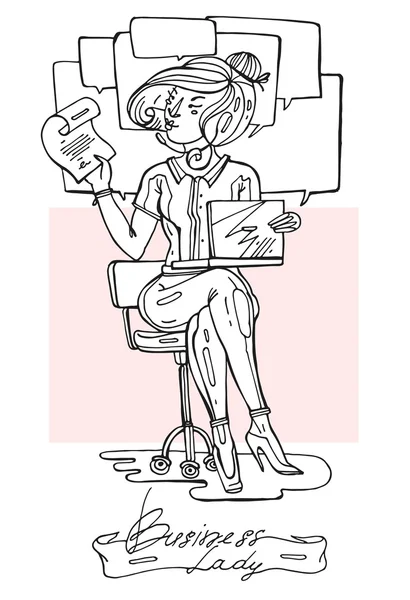 Dibuje a mano ilustración vector boceto. Joven mujer de negocios con auriculares y documentos trabajando en una computadora portátil en la oficina . — Archivo Imágenes Vectoriales