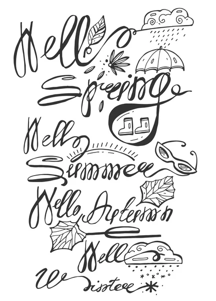 Hand Lettering Hello Spring, Hello Summer, Hello musim gugur, Hello Winter.Brush Pen line lettering terisolasi di latar belakang . - Stok Vektor