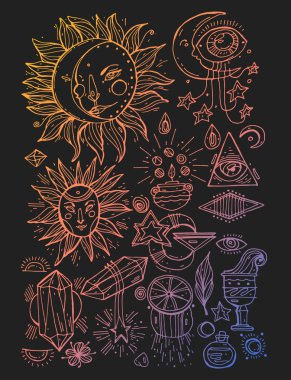 Vektör kümesi büyülü ve simya işaret ve sembolleri trendy doğrusal tarzı - dövme kavramları ve logo tasarım öğeleri