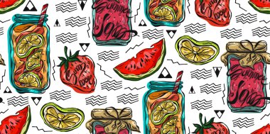 Elle çizilmiş vektör sorunsuz yaz desen. Limonata, yaz sapılmak Jam, limon, strawberrys ve watermellow