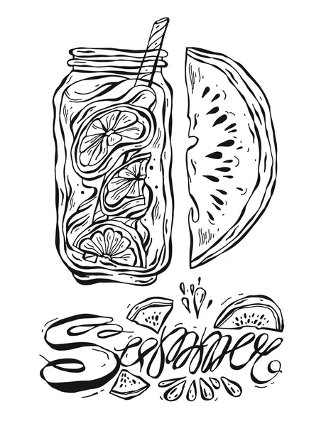 Handgezeichnete Vektor Sommer gesäumte Illustration von Limonade in Glas, Wassermelonenscheibe und Sommer handgeschriebenen Schriftzug — Stockvektor