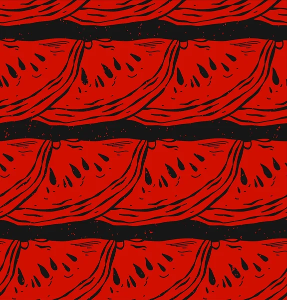 Modèle sans couture dessiné à la main rouge et noir de tranche de pastèque . — Image vectorielle