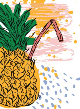 El doku kart çizin. Sanatsal ananas kokteyl tübüllerin ile soyut çizimi renkli vektör