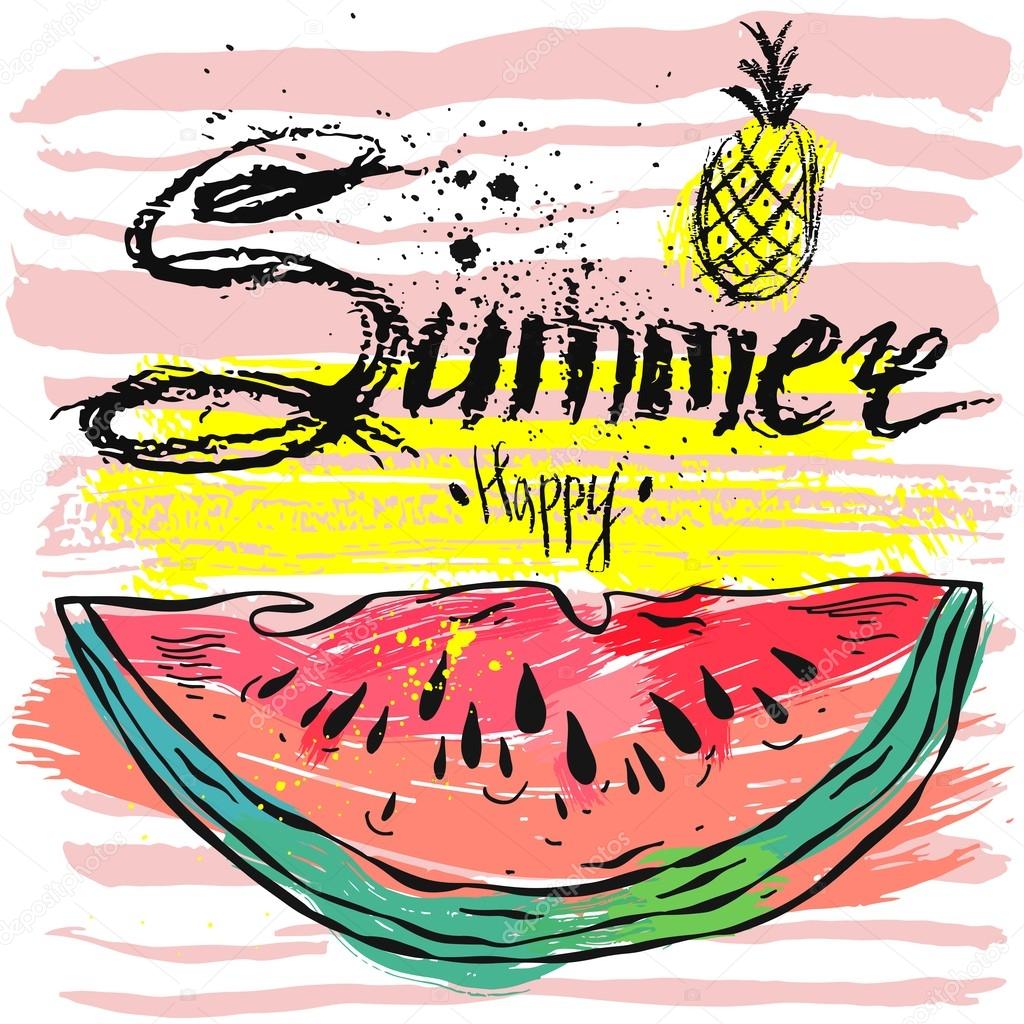 Vector summer background.Hello Summer vector illustration.Vector hand lettering inspirational typography poster hello summer.Summer fun.Summer fun quote.Handwritten summer lettering.Summer card