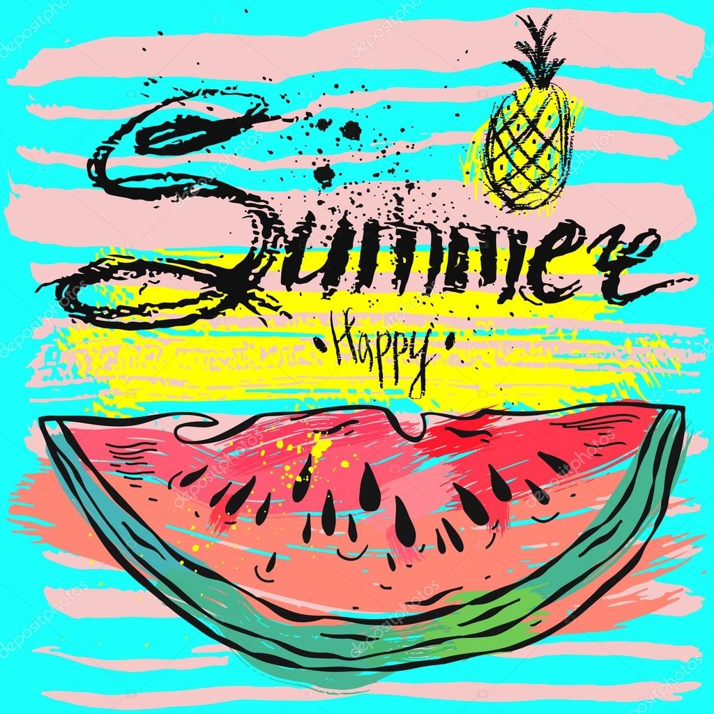 Vector summer background.Hello Summer vector illustration.Vector hand lettering inspirational typography poster hello summer.Summer fun.Summer fun quote.Handwritten summer lettering.Summer card