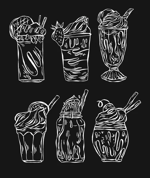 手描きベクトル裏地付き食品イラストセットガラス中のミルクセーキ. — ストックベクタ