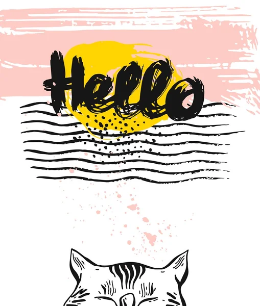 Plantilla de tarjeta de felicitación texturizada vectorial dibujada a mano con letras de tinta cat.Hello — Vector de stock