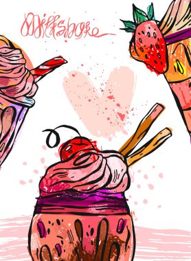 Milkshake el çizilmiş vektör dokulu kart. Kokteyl içecek, meyve yüzlü, tatlı çöl, sağlık çöl.