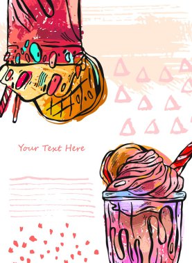 El milkshake vektör dokulu kart çizin. Meyve yüzlü.