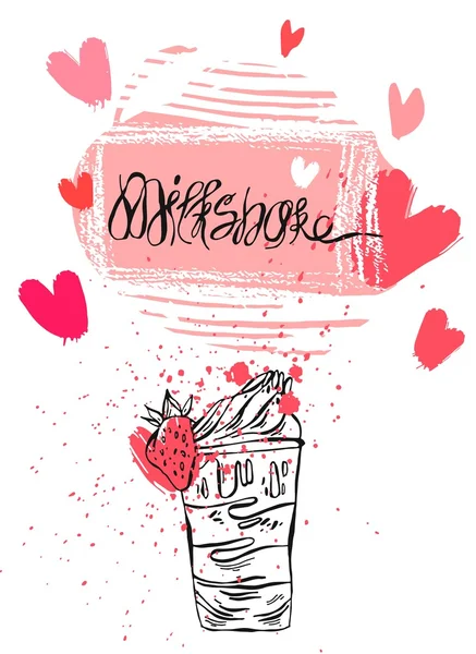 Tarjeta texturizada vectorial dibujada a mano de la bebida milkshake.Cocktail fresa, batido de frutas . — Archivo Imágenes Vectoriales