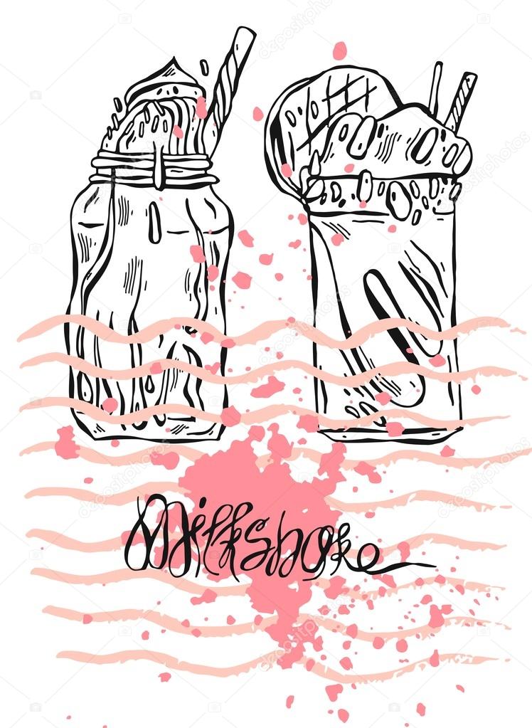Hand drawn vector textured card of milkshake.Design for kids menu,birthday,sweet shop,milkshake cafe,sweet store,healthy juice diet.Organic fruit shake smoothie,cocktail drink,fruit smoothie image.