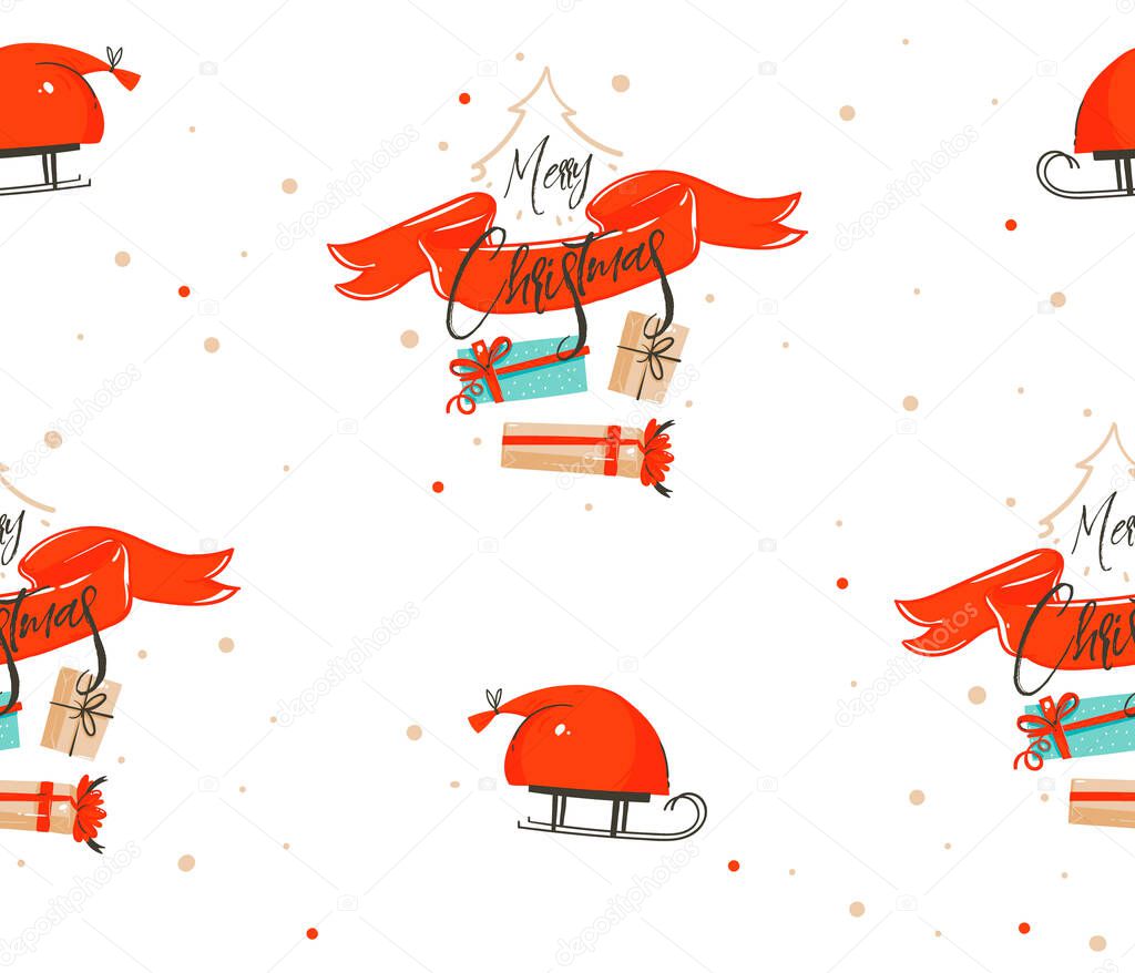 Hand drawn vector abstract fun stock flat Merry Christmas,and Happy New Year time cartoon festive seamless pattern with cute illustrations of Xmas gift boxes and Santa isolated on white background