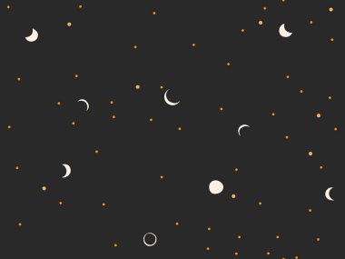 El çizimi vektör soyut düz stok grafik ikonu çizimi göksel ay, güneş ve yıldızlar, siyah arkaplanda izole edilmiş mistik ve basit kolaj şekilleri ile kusursuz desen