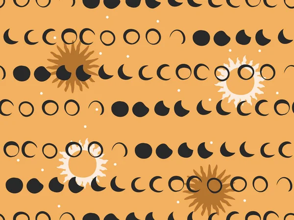 Handgezeichnete Vektor abstrakte flache Stock grafische Ikone Illustrationen nahtlose Muster mit himmlischen Mondphasen, Sonne und Sternen, mystische und einfache Collage Formen isoliert auf farbigem Hintergrund — Stockvektor