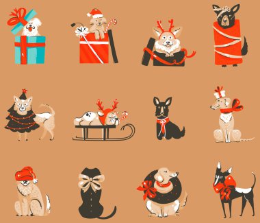 El çizimi vektör soyut eğlence stoku düz Mutlu Noeller ve mutlu yıllar çizgi film kusursuz desenli şirin köpek çizimleriyle birlikte renkli arka planda izole edilmiş hediye kutuları.