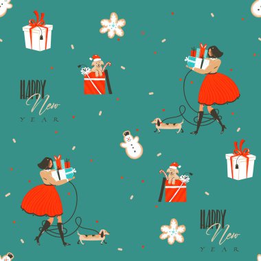 El çizimi vektör soyut eğlence stoku düz noel ve mutlu yıllar çizgi film kusursuz desen ve renkli arka planda izole edilmiş Xmas retro hediye kutularının şirin çizimleri.