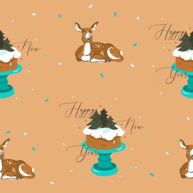 Elle çizilmiş vektör soyut eğlence stoku mutlu noeller, ve mutlu noeller çizgi film kusursuz desenli şirin illüstrasyonlu, Xmas retro geyiği ve rengarenk arka planda izole edilmiş ren geyiği