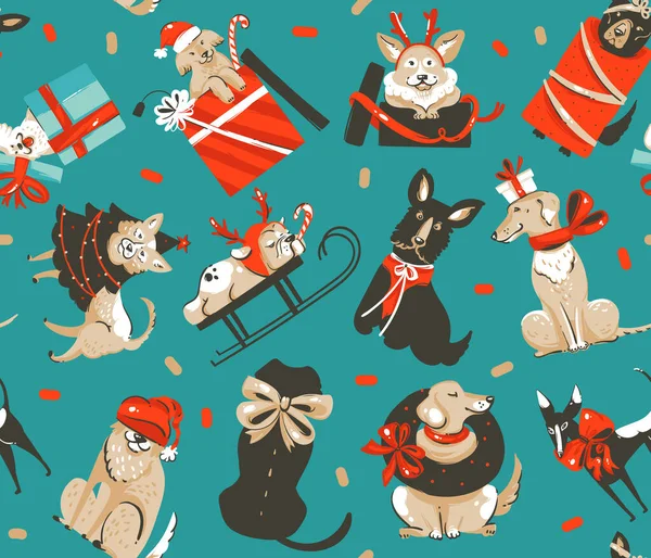 Mão desenhado vetor abstrato divertido estoque plana Feliz Natal, e Feliz Ano Novo desenho animado padrão sem costura festiva com ilustrações de cachorro bonito de caixas de presente retro Xmas isolados no fundo de cor —  Vetores de Stock