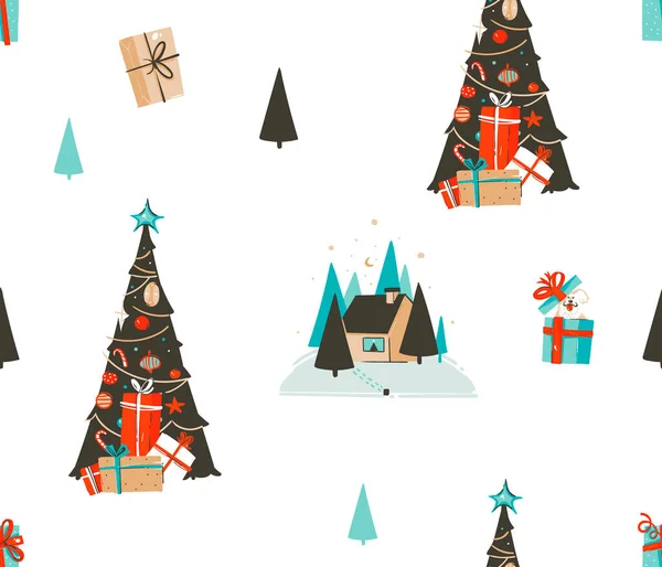 Handgetekende vector abstract leuk voorraad plat vrolijk kerstfeest, en gelukkig Nieuwjaar cartoon feestelijk naadloos patroon met leuke illustraties, van kerstboom en buitenavond geïsoleerd op witte achtergrond — Stockvector