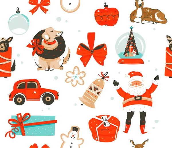 Handgetekende vector abstract leuk voorraad plat vrolijk kerstfeest, en gelukkig Nieuwjaar cartoon feestelijk naadloos patroon met leuke illustraties, van Kerstmis Kerstman en koekjes geïsoleerd op kleur achtergrond — Stockvector