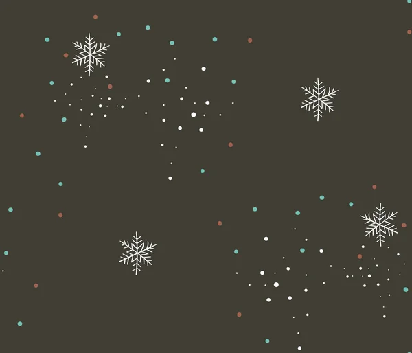 Dibujado a mano vector abstracto stock plana Feliz Navidad, y Feliz Año Nuevo tiempo de dibujos animados patrón festivo sin costuras con lindas ilustraciones de Navidad cielo nocturno y copos de nieve aislados sobre fondo negro — Vector de stock