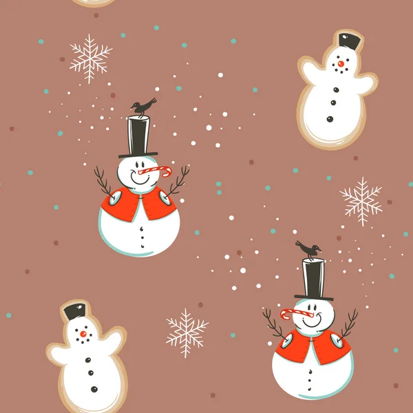 Dibujado a mano vector abstracto divertido stock plano Feliz Navidad, y Feliz Año Nuevo tiempo de dibujos animados patrón festivo sin costuras con ilustraciones de Navidad retro muñeco de nieve y galletas aisladas en el fondo de color — Vector de stock