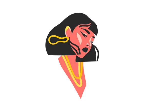 Handgetekende vector abstracte voorraad platte grafische illustratie met etnische tribale mooie vrouw portret in eenvoudige trendy mode stijl, geïsoleerd op witte achtergrond — Stockvector