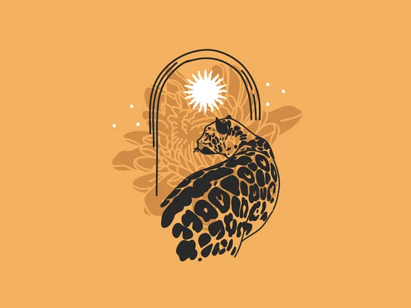 Mão desenhado vetor abstrato estoque plana ilustração gráfica com logotipo elementos leopardo e sol, borboleta, crisântemo mágico em arco, arte em estilo simples para branding, isolado em fundo de cor —  Vetores de Stock
