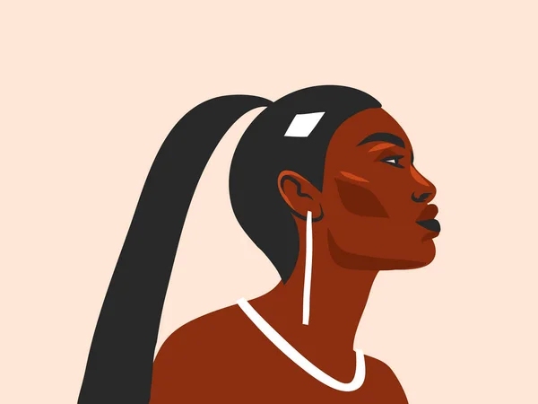 El çizimi vektör soyut düz grafik çizimi. Etnik kabile siyah güzel Afrikalı Amerikalı kadın ve altın küpeler. Beyaz arka planda izole edilmiş.