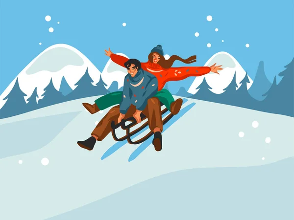 手描きベクトル抽象的な楽しいストックフラットメリークリスマス、冬の風景を背景に一緒に孤立Xmasカップルそりのかわいいイラストとハッピーニューイヤー漫画のお祝いカード — ストックベクタ