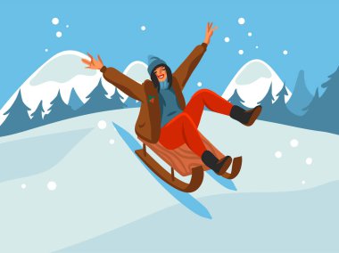 Elle çizilmiş vektör soyut eğlence stoku mutlu noeller ve yeni yıl karikatürü içinde kışın arka planda izole bir şekilde kayan mutlu Xmas kadınlarının şirin çizimleriyle dolu.