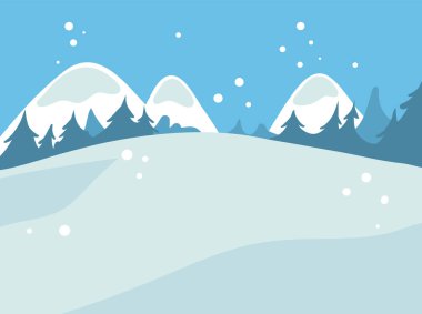 El çizimi vektör soyut eğlence stoku düz Mutlu Noeller, ve yeni yıl karikatürü renkli köknar ağaçları ile Noel kış dağ manzarasının şirin çizimleri